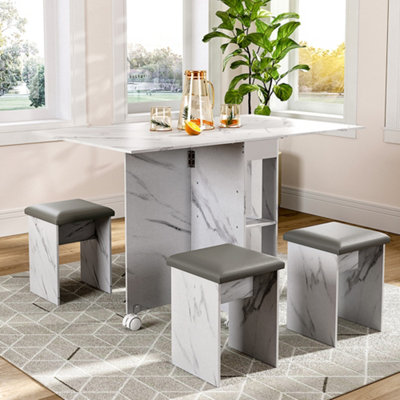 Dining Table and Chair Set Drop-Leaf Table with Storage Shelves and Wheels