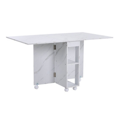 Dining Table and Chair Set Drop-Leaf Table with Storage Shelves and Wheels