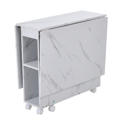 Dining Table and Chair Set Drop-Leaf Table with Storage Shelves and Wheels