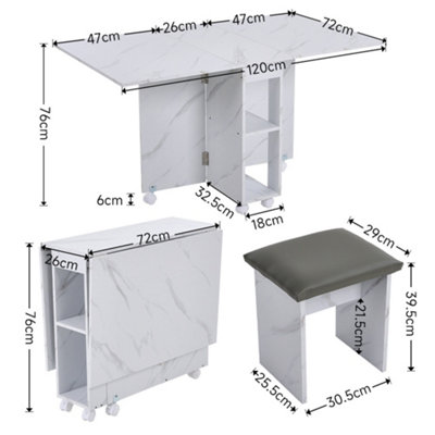 Dining Table and Chair Set Drop-Leaf Table with Storage Shelves and Wheels