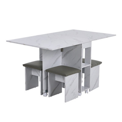 Dining Table and Chair Set Drop-Leaf Table with Storage Shelves and Wheels