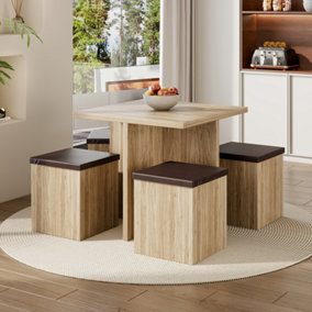 Dining Table and Chairs Set Natural Wooden Table and 4 Storage Stools Dining Set