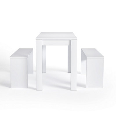 Dining Table and Chairs Set of 3 White Modern Dining Table and Benches Dining Set