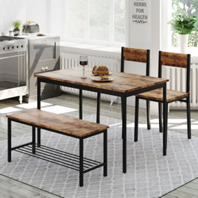 Dining Table, Chair and Bench Set 4 Wooden Steel Frame Industrial Style Retro Kitchen Dining Table Set