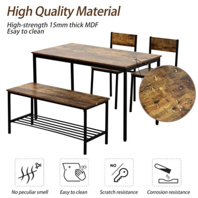 Dining Table, Chair and Bench Set 4 Wooden Steel Frame Industrial Style Retro Kitchen Dining Table Set