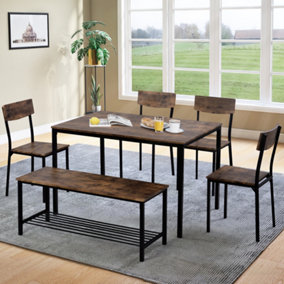 Dining Table Chair and Bench Set 6 Wooden Steel Frame Industrial Style Kitchen Dining Table Set