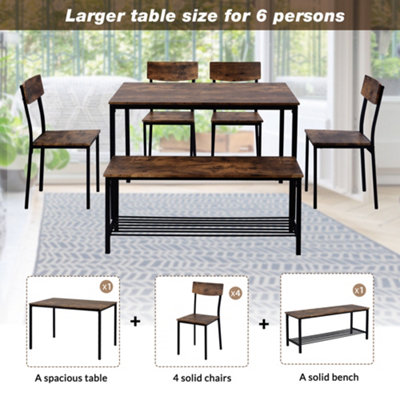 Dining Table Chair and Bench Set 6 Wooden Steel Frame Industrial Style Kitchen Dining Table Set