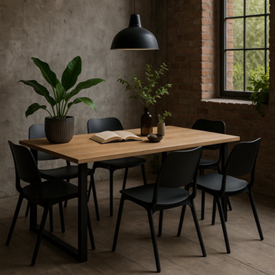 Dining Table Industrial Slim Narrow Small Kitchen Table Black Metal Legs Oak Effect 32mm Thick ...