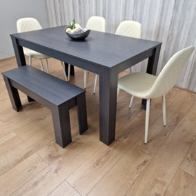 Dining Table Set 4 Grey Dining Table and 4 Diamond Padded Stitched Cream Chairs with 1 Bench