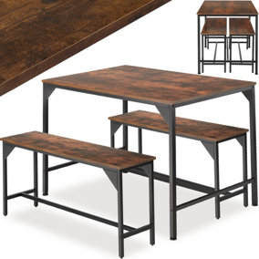 Dining Table Set Bolton - 3-piece, 2 benches - Industrial wood dark, rustic