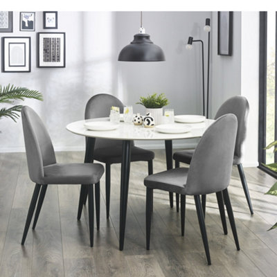 Dining Table Set for 4, Round White Marble Top Black Legs and 4 Grey ...