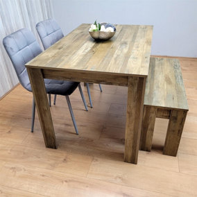 Dining Table Set for 4 Rustic Effect Dining Table With 2 Grey Velvet Chairs and 1 Matching Bench
