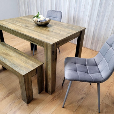 Dining Table Set for 4 Rustic Effect Dining Table With 2 Grey Velvet Chairs and 1 Matching Bench