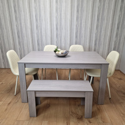 Dining Table Set In Grey, 4 Diamond-Pattern Cream Chairs, and 1 Bench ...