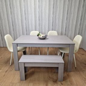 Dining Table Set In Grey, 4 Diamond-Pattern Cream Chairs, and 1 Bench. Kitchen Dining Table for 4