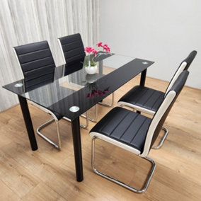 Dining Table Set of 4 Black Clear Table and Faux Leather Padded Chrome Black White Kitchen Chairs Dining Sets
