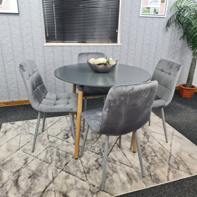 Dining Table Set Of 4 Round Grey Dining Table And 4 Grey Velvet Tufted ...