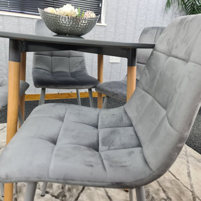 Dining Table Set Of 4 Round Grey Dining Table And 4 Grey Velvet Tufted Chairs For Kitchen Room ...