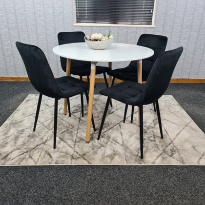 Dining Table Set Of 4 Round White Dining Table And 4 Black Velvet ...