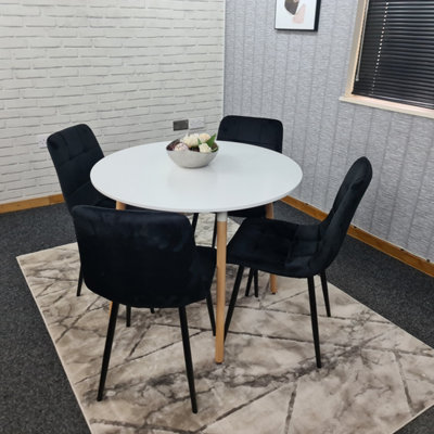 Dining Table Set Of 4 Round White Dining Table And 4 Black Velvet Tufted Chairs For Kitchen Room Dining Room