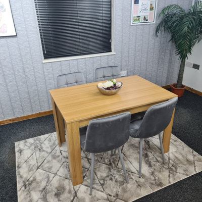 Dining Table Set Of 4 Wooden Oak Table And 4 Tufted Velvet Grey Chair(140x80x75)