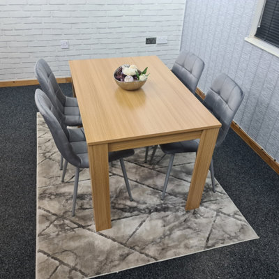 Dining Table Set Of 4 Wooden Oak Table And 4 Tufted Velvet Grey Chair(140x80x75)