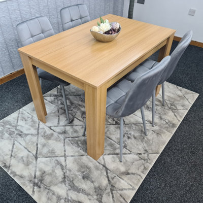 Dining Table Set Of 4 Wooden Oak Table And 4 Tufted Velvet Grey Chair(140x80x75)