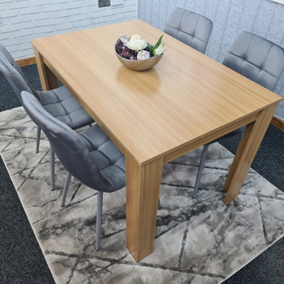 Dining Table Set Of 4 Wooden Oak Table And 4 Tufted Velvet Grey Chair(140x80x75)