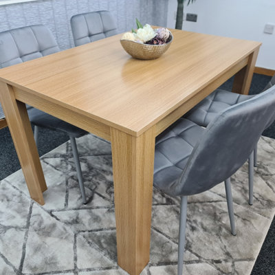 Dining Table Set Of 4 Wooden Oak Table And 4 Tufted Velvet Grey Chair(140x80x75)