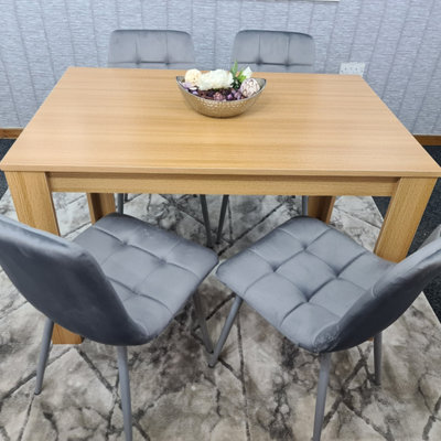 Dining Table Set Of 4 Wooden Oak Table And 4 Tufted Velvet Grey Chair(140x80x75)