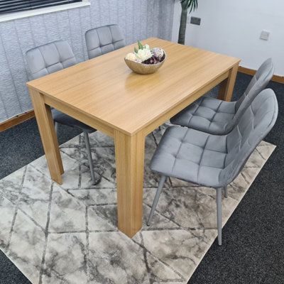 Dining Table Set Of 4 Wooden Oak Table And 4 Tufted Velvet Grey Chair(140x80x75)