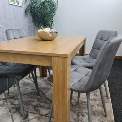 Dining Table Set Of 4 Wooden Oak Table And 4 Tufted Velvet Grey Chair(140x80x75)