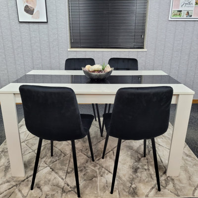 Dining Table Set Of 4 Wooden White Black Table Tufted Velvet Black Chairs
