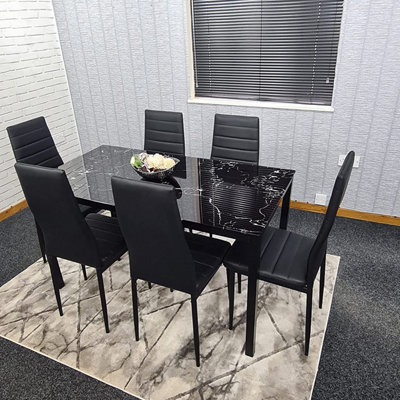 Dining Table Set of 6 Black Marble Dining Table and 6 Black