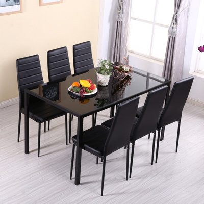 Dining Table Set of 7 Glass Rectangular Dining Table and 6 Faux Leather ...