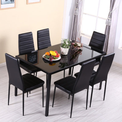 Dining Table Set of 7 Glass Rectangular Dining Table and 6 Faux Leather Dining Chairs for Kitchen