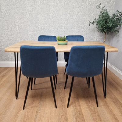 Dining Table Set With 4 Blue Velvet Chairs Modern Kitchen Dining Room ...