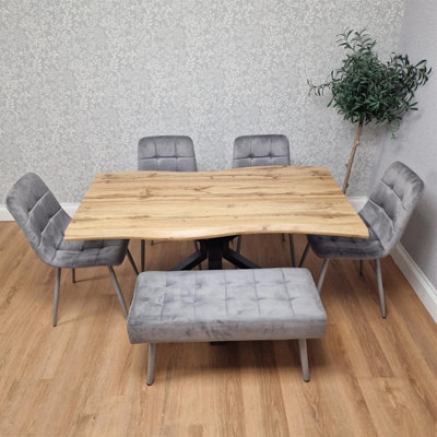 Dining Table Set with 4 Grey Velvet Chairs and 1 Grey Bench Dining Room ...