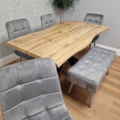 Dining Table Set with 4 Grey Velvet Chairs and 1 Grey Bench Dining Room ...