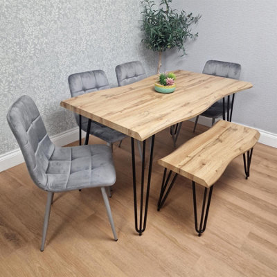 Dining Table Set With Bench And 4 Grey Velvet Chairs Modern Dining Room ...