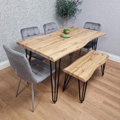 Dining Table Set With Bench And 4 Grey Velvet Chairs Modern Dining Room ...