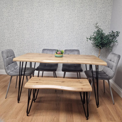 Dining Table Set With Bench And 4 Grey Velvet Chairs Modern Dining Room ...