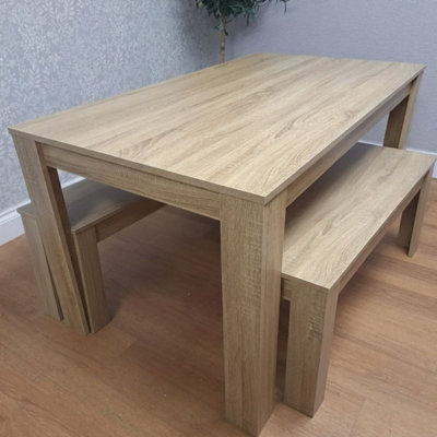Dining Table With 2 Bench, Dining Table Room Set, Wooden Oak Effect ...