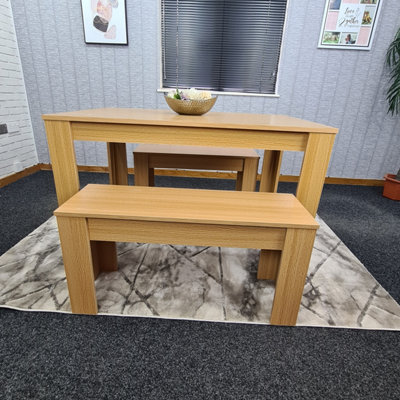 Dining Table With 2 Bench, Dining Table Room Set, Wooden Oak Effect 140X80X75CM Table, 2 Oak Benches Furniture