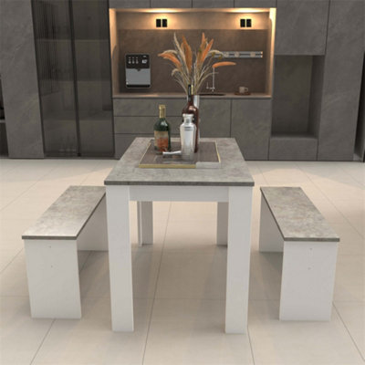 Dining Table with 2 benches Dining Table Set for Kitchen, Dining Room, Small Space Artificial Marble (Grey and White)