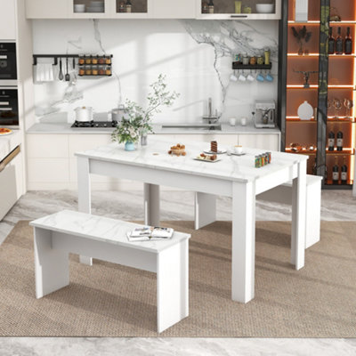 Dining Table with 2 benches Dining Table Set for Kitchen, Dining Room, Small Space Artificial Marble  White