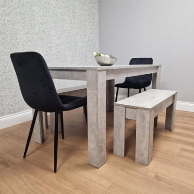 Dining Table with 2 Black Velvet Chairs and 2 Stone Grey Benches Modern ...
