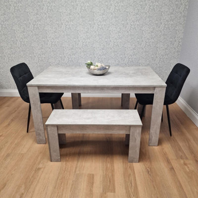 Dining Table with 2 Black Velvet Chairs and 2 Stone Grey Benches Modern ...