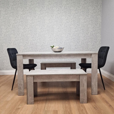 Dining Table with 2 Black Velvet Chairs and 2 Stone Grey Benches Modern ...