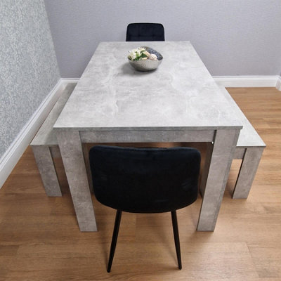 Dining Table with 2 Black Velvet Chairs and 2 Stone Grey Benches Modern ...